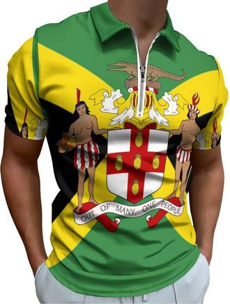 Generic Flag of Jamaican Casual Zipper Polo Shirts for Men Short Sleeve Golf Collared Light Fit Tee M
