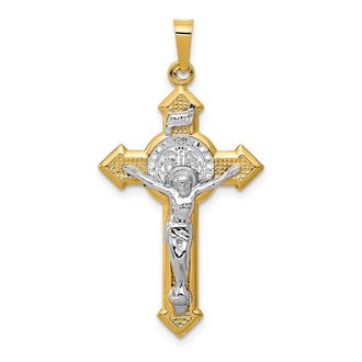Diamond2Deal 14k Yellow Gold Rhodium St. Benedict Hollow Medal INRI Crucifix Pendant