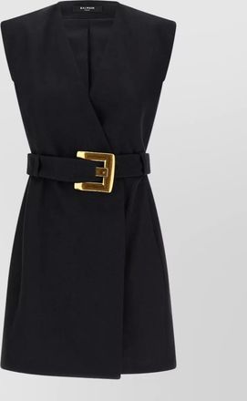 Balmain virgin wool sleeveless v-neck belted wrap mini dress