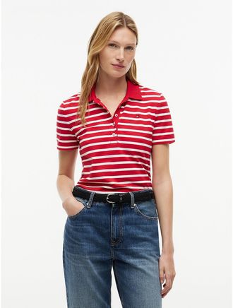 Tommy Hilfiger Womens Classic Fit Striped Stretch Pique Polo - Red - XXL