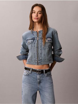 Calvin Klein Jeans Calvin Klein Womens Collarless Cropped Trucker Jacket - Blue - XL