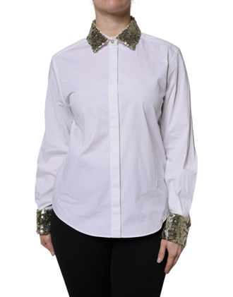 Dolce & Gabbana Womens White Cotton Long Sleeves Sequin Shirt Top Polyester Elastane