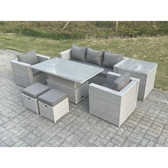 Fimous Rattan Garden Funiture Set Adjustable Rising Lifting Table Sofa Dining Set With 2 Arm Chair Side Table Stools - Fimous