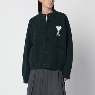 Ami Cardigan Ami de Coeur verde bottiglia in misto lana