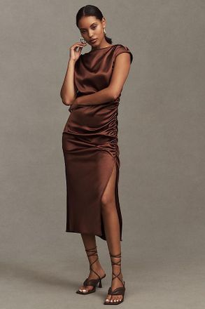 BHLDN Francesca High-Neck Stretch Satin Midi Dress