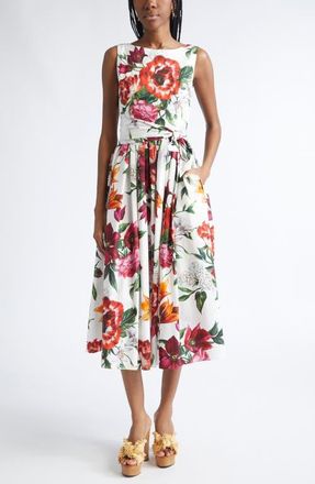 Dolce & Gabbana Floral Print Belted Poplin Fit & Flare Dress in Ha5Pb Anemoni Gigli F.bco at Nordstrom, Size 8 Us