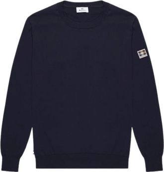 Aquascutum Katoenen Regular Fit Ribgebreide Trui - Heren - Ronde hals truien - Blauw - 3XL - Katoen - Truien & Vesten