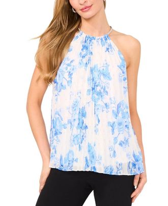 MSK Msk Top Womens Airy Blue Floral Chiffon Pleated Sleeveless Halter Neck PAL49
