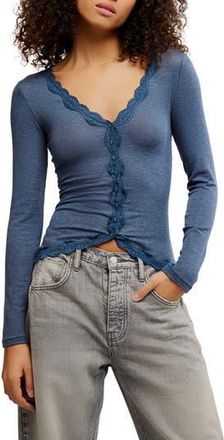 Free People Big Love Lace Trim Knit Button-Up Top in Ocean Heather at Nordstrom Rack, Size X-Large