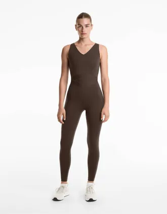 Oysho Tuta jumpsuit lunga marrone con pannello a compressione