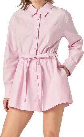English Factory Long Sleeve Oxford Collared Romper In Pink