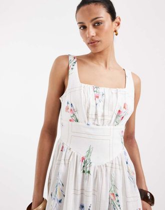 Vero Moda Vestito milkmaid midi senza maniche bianco con stampa a fiori selvatici