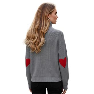 Chicwish Women Comfy Casual Long Sleeve Heart Shape Patched Grey/White/Navy Knit Top Pullover Sweater, Grey, S-M