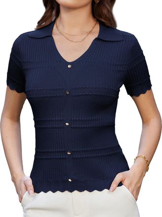 Grace Karin Women Polo Shirts Short Sleeve V Neck Knitted Jumper Casual T-Shirt Slim Fit Pullover Lightweight Tops Navy Blue M