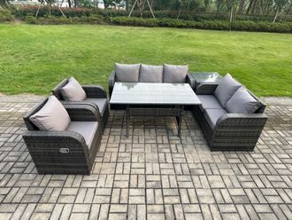 Fimous Dark Grey PE Wicker Rattan Garden Furniture Set Reclining Chair Love Sofa 2 Seater Sofa Set Outdoor Rectangular Dining Table Side Table