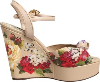 Dolce & Gabbana Beige Floral Ankle Strap Wedge Sandals Womens Shoes