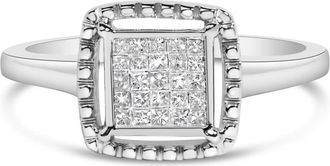House of Brilliance 925 Sterling Silver 1/5 Cttw Invisible Set Princess Cut Diamond Promise Ring with Beaded Halo