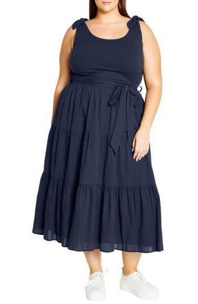 City Chic Hallie Mixed Media Tiered Midi Dress in Navy at Nordstrom Rack, Size Xxl/24W