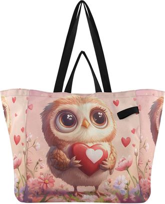 Generic Pink Owl Heart print Reusable Canvas Tote Bag, Heavy Duty Grocery Shopping Bag with Double Handles Large Capacity Hard Bottom Work Groceries Travel