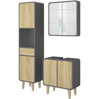 Vicco Conjunto De Muebles De Ba&ntilde;o Arla, Antracita/roble, 3 Partes, Con Unidad Alta