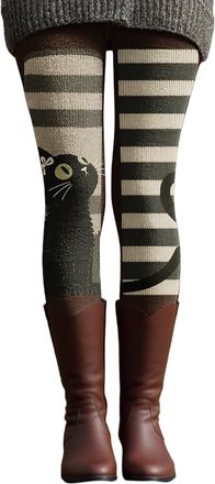 Generic Thermal Leggings Women, Christmas Knitted Cat Print Slim Fit Pants, Warm Soft Stretch Fleece Lined Winter Tights with Elastic Waistband, Fashion Casua