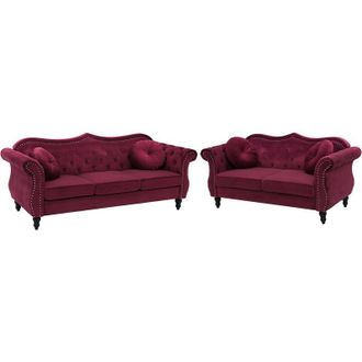 Beliani Retro Living Room Velvet Sofa Set 3 and 2 Seater Button Tufted Red SKIEN