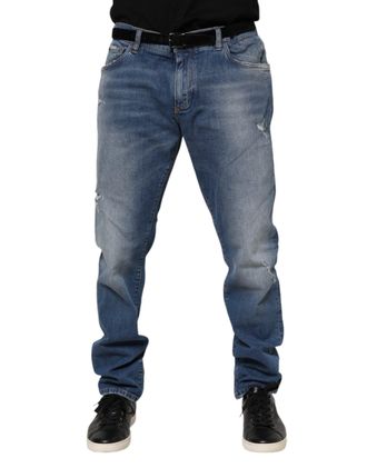 Dolce & Gabbana Mens Blue Washed Cotton Logo Plaque Denim Jeans Elastane Clothing
