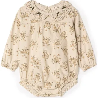 Lola Flower Crochet Collar Corduroy Floral Bubble Romper in Dark Almond at Nordstrom, Size 18M
