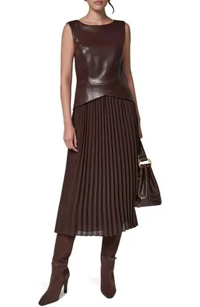 DKNY Faux Leather & Pleated Dress in Espresso at Nordstrom, Size 16