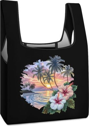 Generic Tropical Hibiscus Sunset Beach Shopping Bag Reusable Grocery Tote Bag Foldable Handbag for Travel Picnic