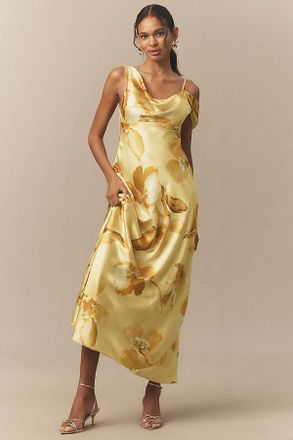 BHLDN Abigail Asymmetric Cowl-Neck High-Shine Satin Maxi Dress