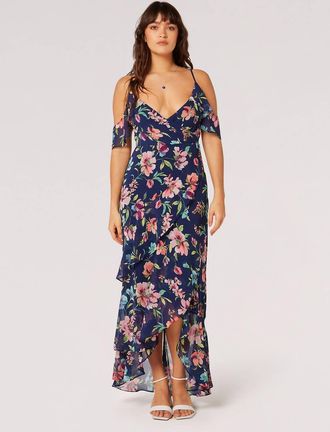 Apricot Watercolour Floral Chiffon Maxi Dress In Navy