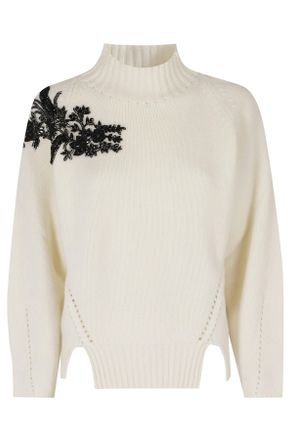 Ermanno Scervino Cream Jewel Embellished High Neck Wool Sweater