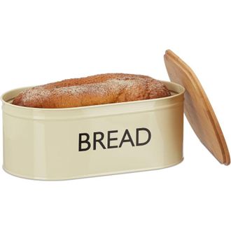 Relaxdays 2x Relaxdays Retro xl Bread Box with Bamboo Lid, Round Bread Bin with bread Print, hwd: 14 x 36 x 20 cm, Beige/Natural