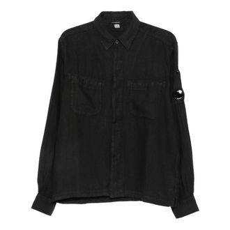 C.P. Company Casual Shirts, male, Black, Size: XL Linen Long Sleeve Button Lens Shirt
