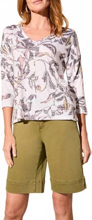 Tribal Combo Print 3/4 Sleeve V Neck-Crew Neck Top In Cocomilk