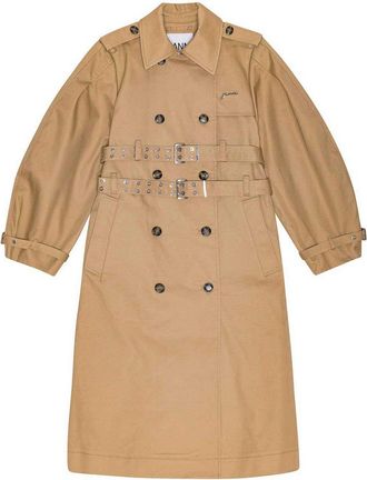 Ganni Long Trench Coat In Beige Cotton