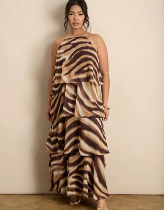 Live Unlimited London Womens Brown Abstract Print Halter Tiered Maxi Dress - Multi - Size: 12