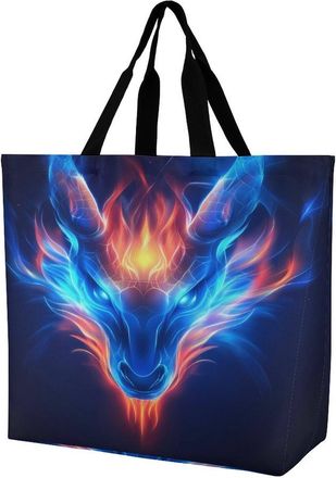 Generic Dragon Head with Flame Large Reusable Shopping Bag Lightweight Foldable Tote Bags Washable Shoulder Handbag