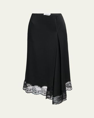 Alexander McQueen Asymmetric Lace-Trim Satin Midi Skirt