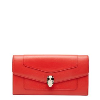 Bulgari Red Color Leather Long Wallet (Bi-Fold) (Pre-Owned)