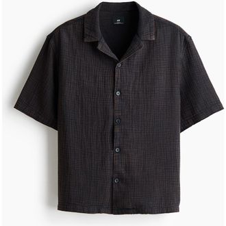 H&M Relaxed Fit Short-sleeved Muslin Shirt in Black at Nordstrom, Size Xx-Large