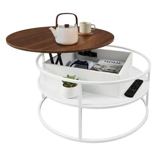 Relaxdays Mesa De Centro Relaxdays, Altura Ajustable Con Almacenaje, 46 X 80 Cm, Tablero Elevable, Mdf, Hierro, Blanco/marr&oacute;n