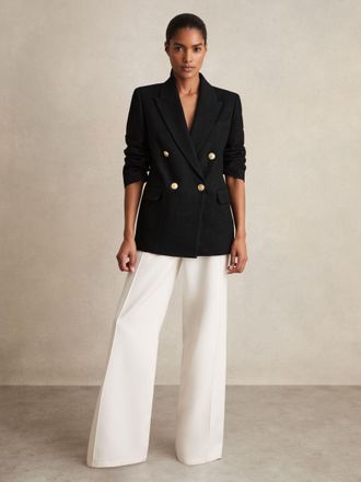 Reiss Black Oversized Double-breasted Blazer Linen-blend, 12