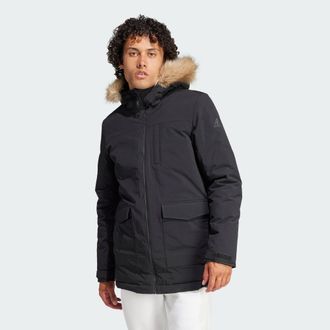 adidas Mens Hooded Fur Parka - Black Recycled Material - Size Large