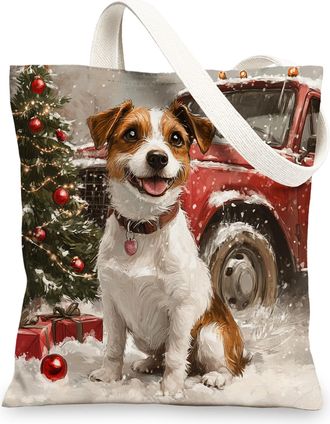 Generic Christmas Russell Terrier Dog Canvas Tote Bag for Shopping 13x15, Xmas Fireplace Puppy Pet Reusable Grocery Print Pattern Bag for Women, Happy New Yea