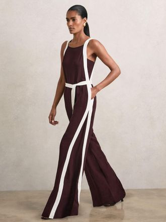 Reiss Burgundy & cream Petite Colourblock Wide Leg Belted Jumpsuit, 10