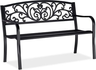 Relaxdays Panca da Giardino, a 2 Posti, con Decorazioni Vintage, per Balcone, HxLxP 86,5 x 127 x 60 cm, Nero - Relaxdays