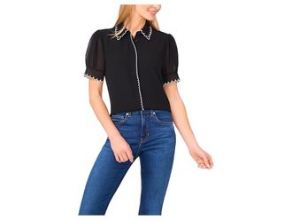 CeCe by Cynthia Steffe Short Sleeve Scallop Contrast Trim Button Up Top Womens Clothing Rich Black : XS, Polyester