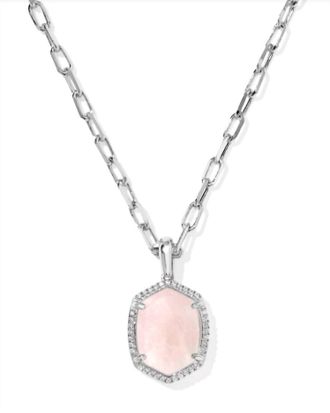 Kendra Scott Womens Daphne Pave Frame Short Pendant Necklace In Silver Rose Quartz